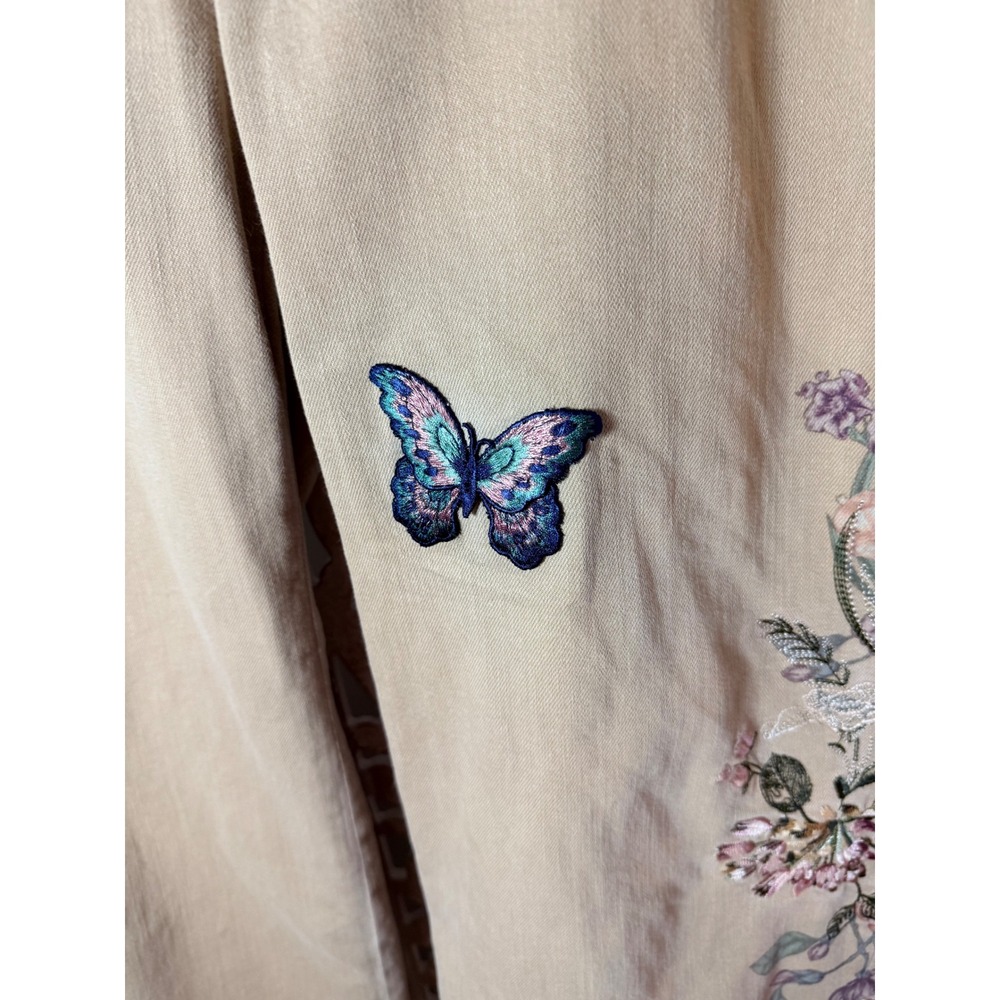 Chicos So Slimming High Rise Wide Leg Pants Tan Floral Butterfly Embroidered 3P - Picture 3 of 12